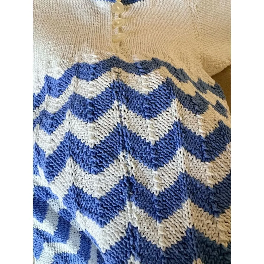 Vintage 1960s Hand Knit Baby Dress Blue White Chevron 9-12M